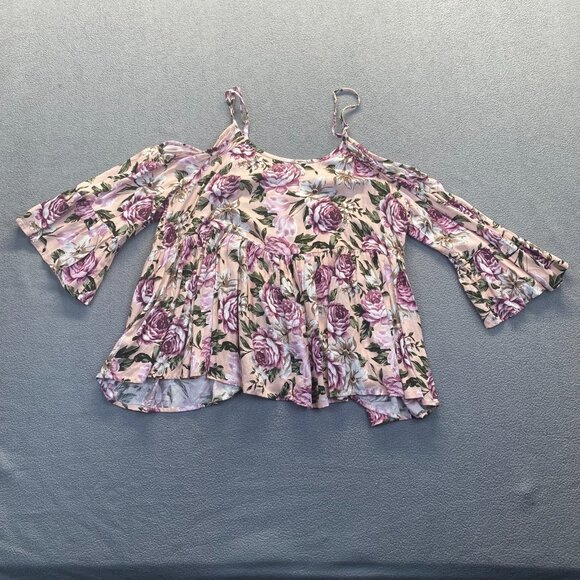 Torrid Women's Babydoll Textured Rayon Cold Shoulder Top Blush Floral Size 1 - Picture 8 of 13